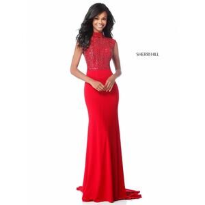 Sherri Hill 51876 High Neck Beaded Red Dress Prom Gown Jersey Skirt Womens 6